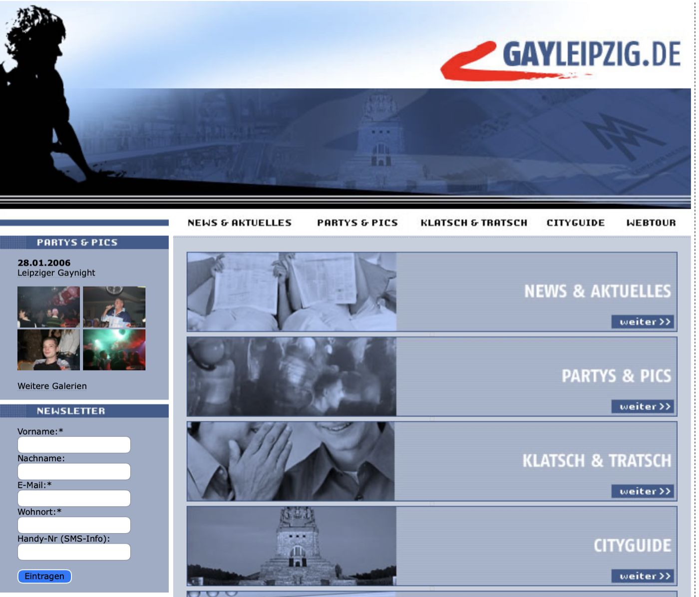 Historische GayLeipzig.de-Webseite im blauen Design mit Leipziger Motiven, Navigation und einer Galerie von 2006