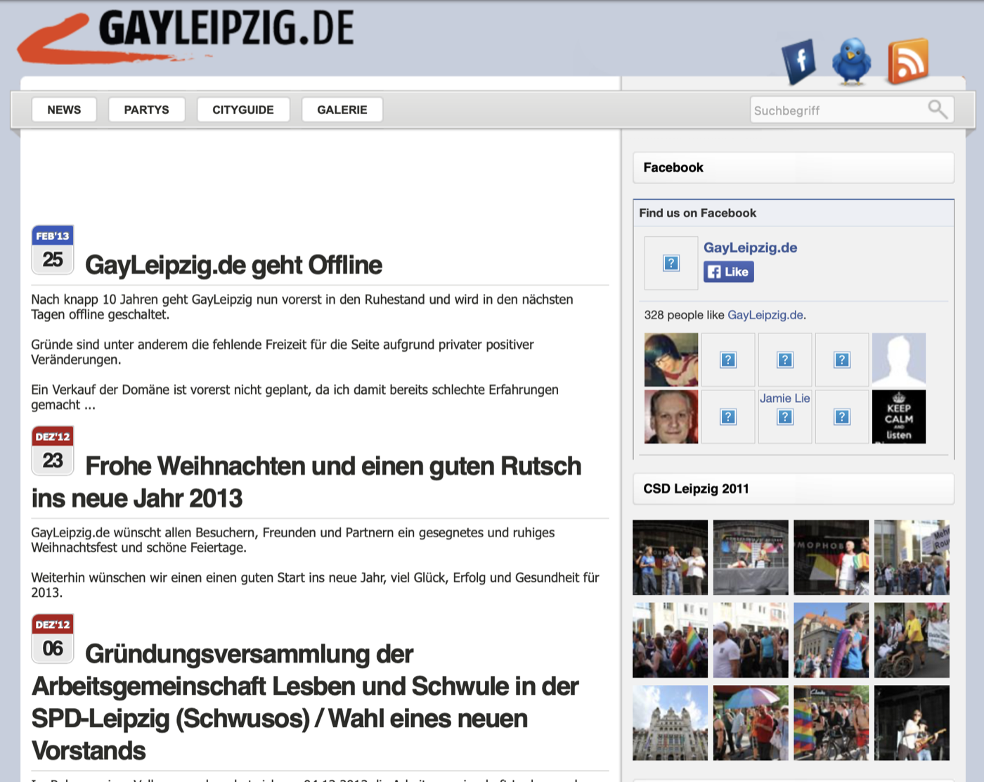 GayLeipzig.de im hellen Magazindesign mit der Abschiedsmeldung GayLeipzig.de geht Offline vom 25. Februar 2013